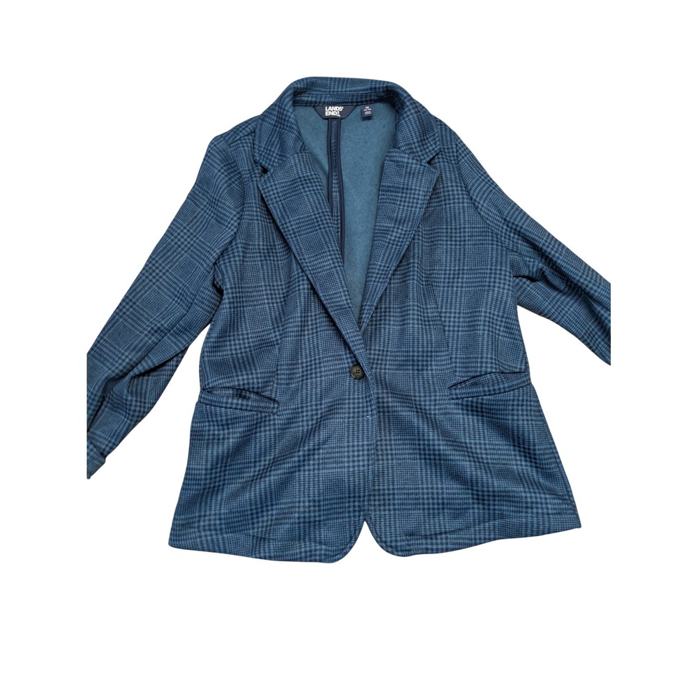 Lands End Womens 1X Blue Plaid Fleece Lined Knit Blazer Jacket 16W-18W OEKO-TEX